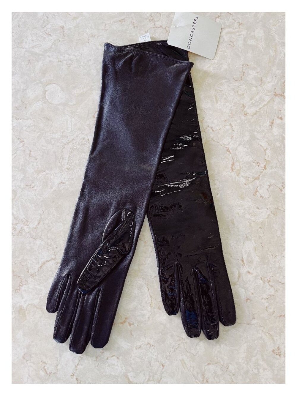 NWT VTG Doncaster Sz S Black Patent Leather and Silk Opera Gloves